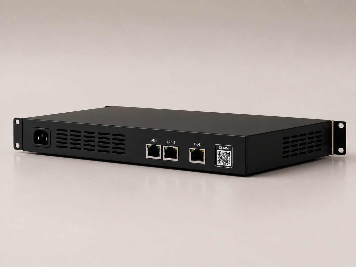 Rear of the Outpost appliance showing LAN 1, LAN 2, OOB ports, and the power inlet